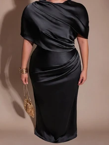 SHEIN BAE CURVE 大尺碼女款優雅棕色抓褶裹身魚尾下擺洋裝 - 黑色 - 查看 4