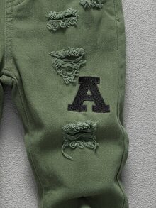 嬰兒/幼兒男童黑色熊與字母刺繡破洞水洗牛仔褲 - 軍綠色 - 查看 6