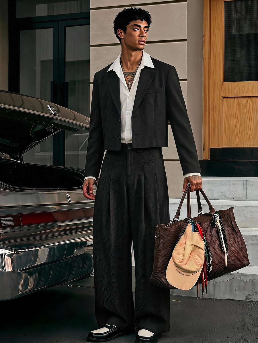 SWAVVY Men's Solid Color Long Sleeve Jacket And Pants Casual Daily Suit Set - Brown - View 1