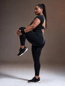 Powerista One Piece Jumpsuit For Women Square Neck Short Sleeve Backless Bodysuit Tummy Control Butt Lifting Seamless Workout Leggings Fall Halloween Black Plus - Black - View 5