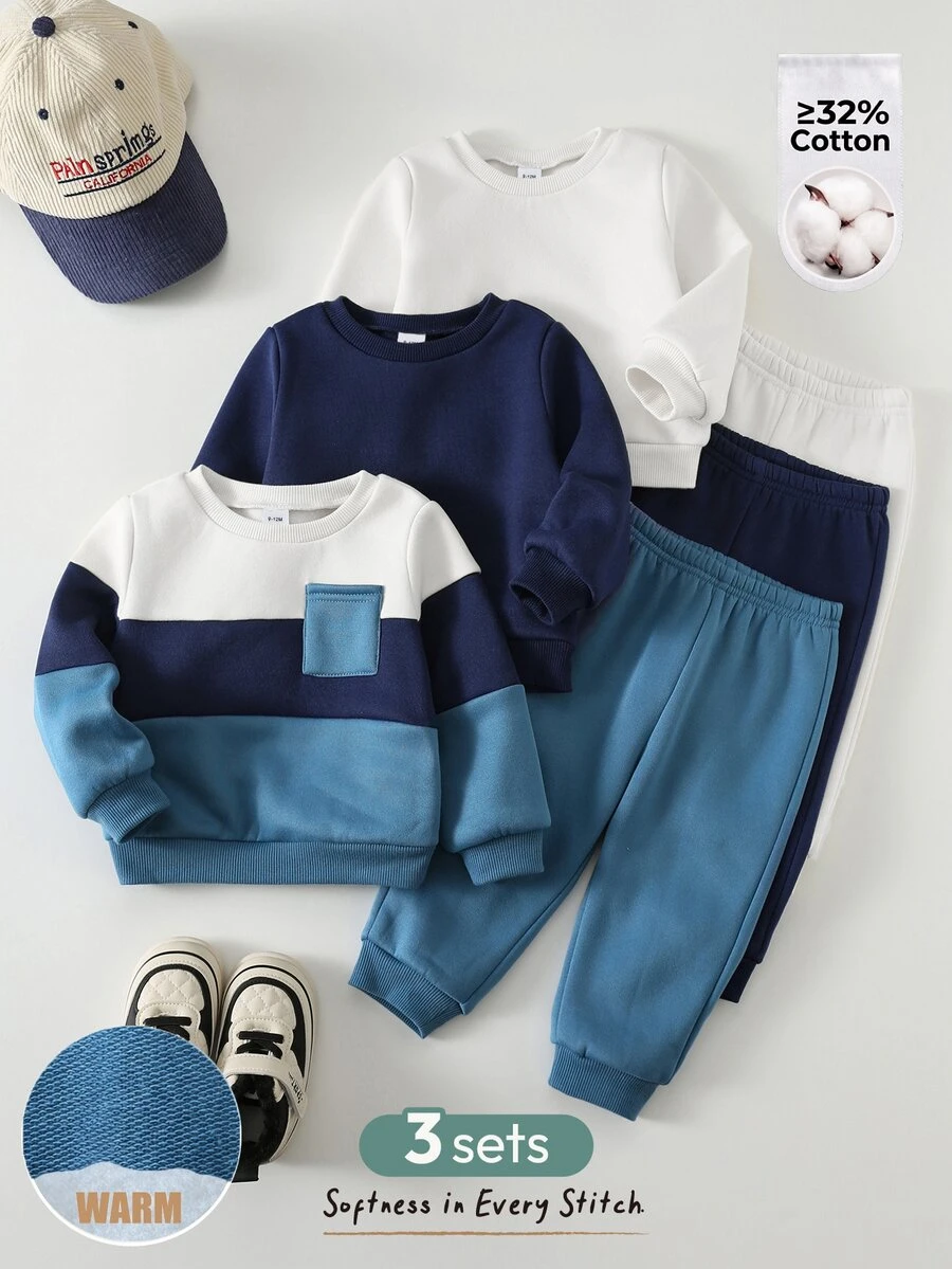 Cozy Pixies 6pcs Baby Boy Contrast Color Knit Soft Crew Neck Long Sleeve Pullover Sweatshirt & Elastic Waist Pants Set - Multicolor - View 1