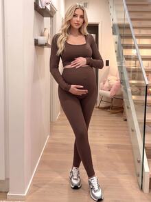 SHEIN طقم رياضي كاجوال للحوامل بلون موحد، توب بأكمام طويلة وسروال ضيق - بني - مشاهدة 5