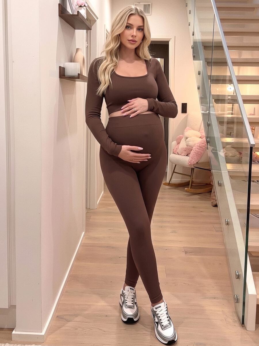 SHEIN Maternity Solid Color Long Sleeve Top And Leggings Casual Sports Set - Brown - View 1