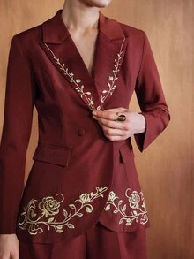 MOTF PREMIUM WOMEN'S FLORAL EMBROIDERED LAPEL NECK LONG SLEEVE ELEGANT BLAZER - Coffee Brown - View 1