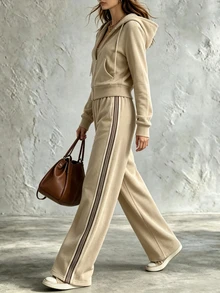 Trelyra Bộ áo hoodie kéo khóa và quần nỉ thể thao phong cách thời trang cá tính, thoải mái cho nữ đi du lịch - Màu Khaki - Xem 6