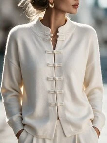Linhara CURVE Plus Size Women Solid Color Dropped Shoulder Long Sleeve Frog Button Placket Casual Knit Cardigan - Beige - View 3