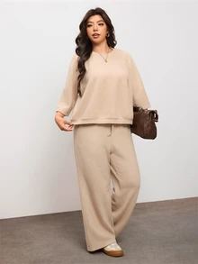 Enliva Plus Size Knit Two Pieces Set With Wide Leg Pants For Pear Body - Khaki - View 6