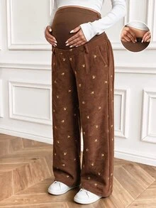 Boho Mama Elegant Embroidered Pocket Loose Pants For Pregnant Women - Coffee Brown - View 3