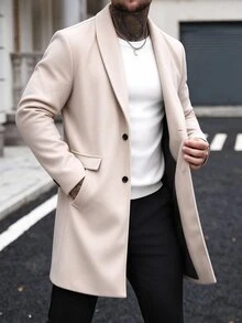 Manfinity Homme 男士大尺碼鈕扣前襟長袖口袋簡約休閒大衣，適合外出，送給朋友、丈夫和男友的禮物，秋冬款 - 杏色 - 查看 4