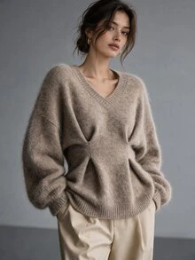 Omancia Women's Casual V-Neck Cinched Waist Pullover Solid Color Sweater - Camel - View 3