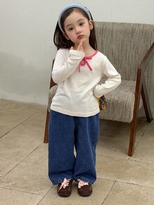 Dazy Kids Baby Girl Elastic Waist Wide Leg Loose Casual Versatile Denim Jeans - Blue - View 7