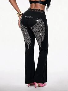 Vadaroq Women's Fashion Lace Patchwork Flared Leg Sports Pants - Black - View 1