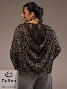 Freevana Wonen 復古棕色豹紋船領花卉蕾絲拼接露背大碼長袖上衣 秋冬 T-shirt - 彩色 - 查看 3