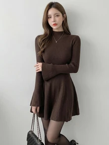 DAZY Women's Soft Style Long Sleeve Ribbed Knit Sweater Dress - Coffee Brown - View 6