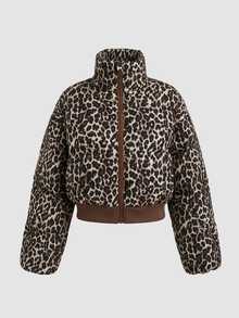 SHEIN Tween Girl Tween Girls Brown Polka Dot Oversized Cropped Stand Collar Puffer Padded Winter Coat - Coffee Brown - View 6