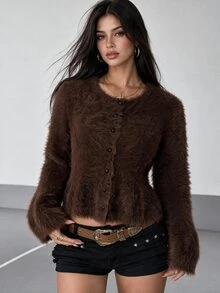 Omancia Women's Round Neck Solid Color Faux Mink Fur Cardigan Sweater - Coffee Brown - View 4