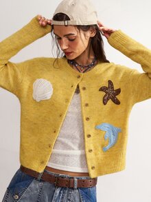 Bohemela Women's Starfish & Shell Decor Casual Everyday Sweater - Yellow - View 3