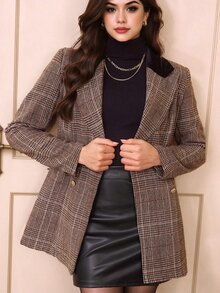 GlowEve CURVE Plus Size Women's Autumn/Winter Vintage Tweed Lapel Open Front Double-Breasted Commuter Minimalist Fashion Elegant Long Sleeve Overcoat Jacket - Brown - View 3