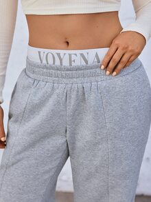 Voyena Plus Size Women's Grey Sports Pants With Pockets, Elastic Waistband, English Letter Print Flare Leg Winter - Grey - View 6