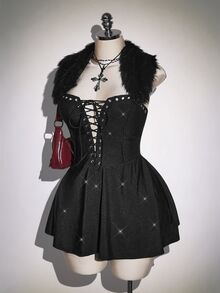 SHEIN ICON Plus Size Y2K Fur Collar Square Neck Backless Square Neck Deep V Cross Tie Mini Dress, Sexy Christmas Party Snow Dress - Black - View 4