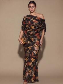 SHEIN BAE CURVE Plus Size Women's Floral Print Long Ruched Dress, Elegant Long Dress, Date Dress,Winter,Party,Fall,Summer,Asymmetrical Shoulder Maple Leaf Print - Multicolor - View 1