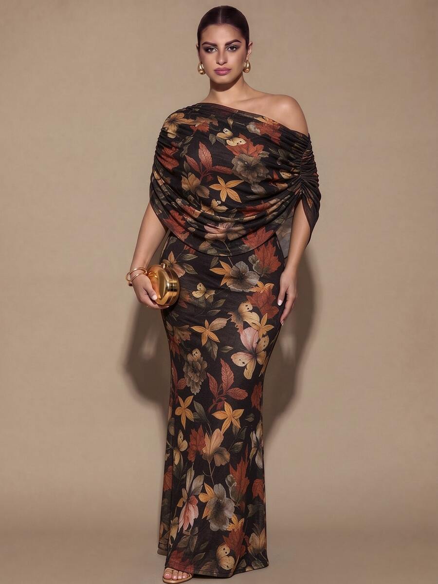 SHEIN BAE CURVE Plus Size Women's Floral Print Long Ruched Dress, Elegant Long Dress, Date Dress,Winter,Party,Fall,Summer,Asymmetrical Shoulder Maple Leaf Print - Multicolor - View 1