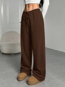 SHEIN EZwear 女款深棕色針織休閒運動長褲，抽繩腰頭，寬鬆版型，適合居家休閒或冬季穿著 - 棕色 - 查看 3