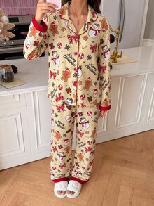 SweetSlumber Cookie Man Christmas Print Sweet Ins Colorblock Lapel Long Sleeve Women Pajama Set - Apricot - View 4