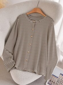 CosyJoli Plus Size Women's Casual Colorblock Striped Cotton T-Shirt, White Top, Button, Metal Buckle, Suitable For Autumn Formal Occasions And Office Wear. - Multicolor - View 5
