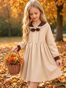 DAZY Girls' College Style Peter Pan Collar Long Sleeve Dress, Spring/Autumn - Apricot - View 7