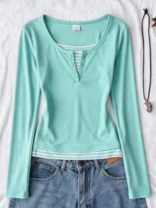 SHEIN Teen Girl Patchwork Striped 2 In 1 Long Sleeve Casual T-Shirt - Multicolor - View 5