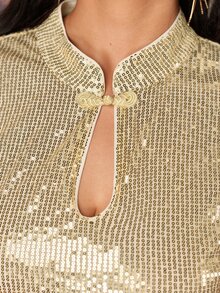 EastFlair Plus Size Elegant Sequin Frog Button Side Slit Dress - Gold - View 3