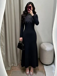Graceveil Women's Rhinestone Embellished Stand Collar Long Sleeve Mermaid Hem Fitted Elegant Knit Dress - Black - View 5