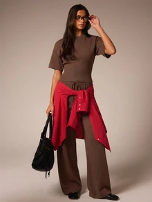 Athîral Women's Casual Brown Short Sleeve Knit Top And Long Pants 2 Pieces Set, Suitable For Spring/Summer, Commuting, Outings, Vacation - Brown - View 4
