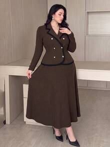 Modelyn Plus Size Vintage Double-Breasted Jacket And Long Skirt 2 Pieces Set - Coffee Brown - View 6