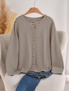 CosyJoli Plus Size Women's Casual Colorblock Striped Cotton T-Shirt, White Top, Button, Metal Buckle, Suitable For Autumn Formal Occasions And Office Wear. - Multicolor - View 7