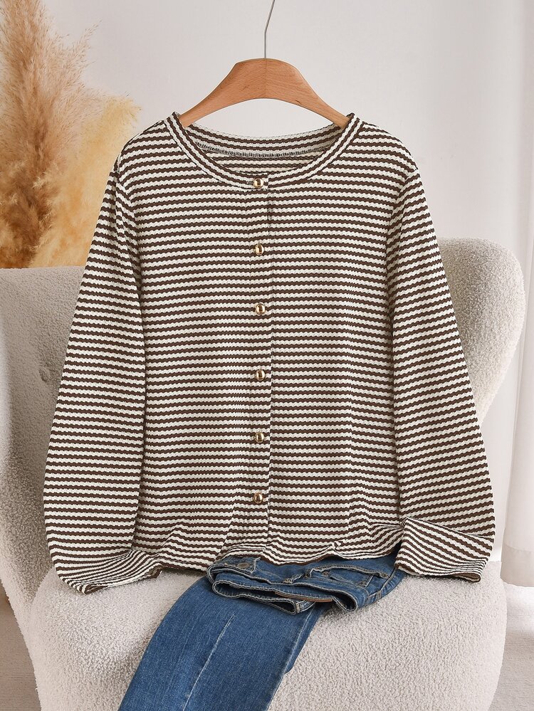 CosyJoli Plus Size Women's Casual Colorblock Striped Cotton T-Shirt, White Top, Button, Metal Buckle, Suitable For Autumn Formal Occasions And Office Wear. - Multicolor - View 7