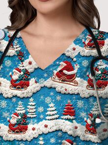 PopScrub Women's Plus Size Santa Claus Print Short Sleeve Scrub Top - Multicolor - View 3