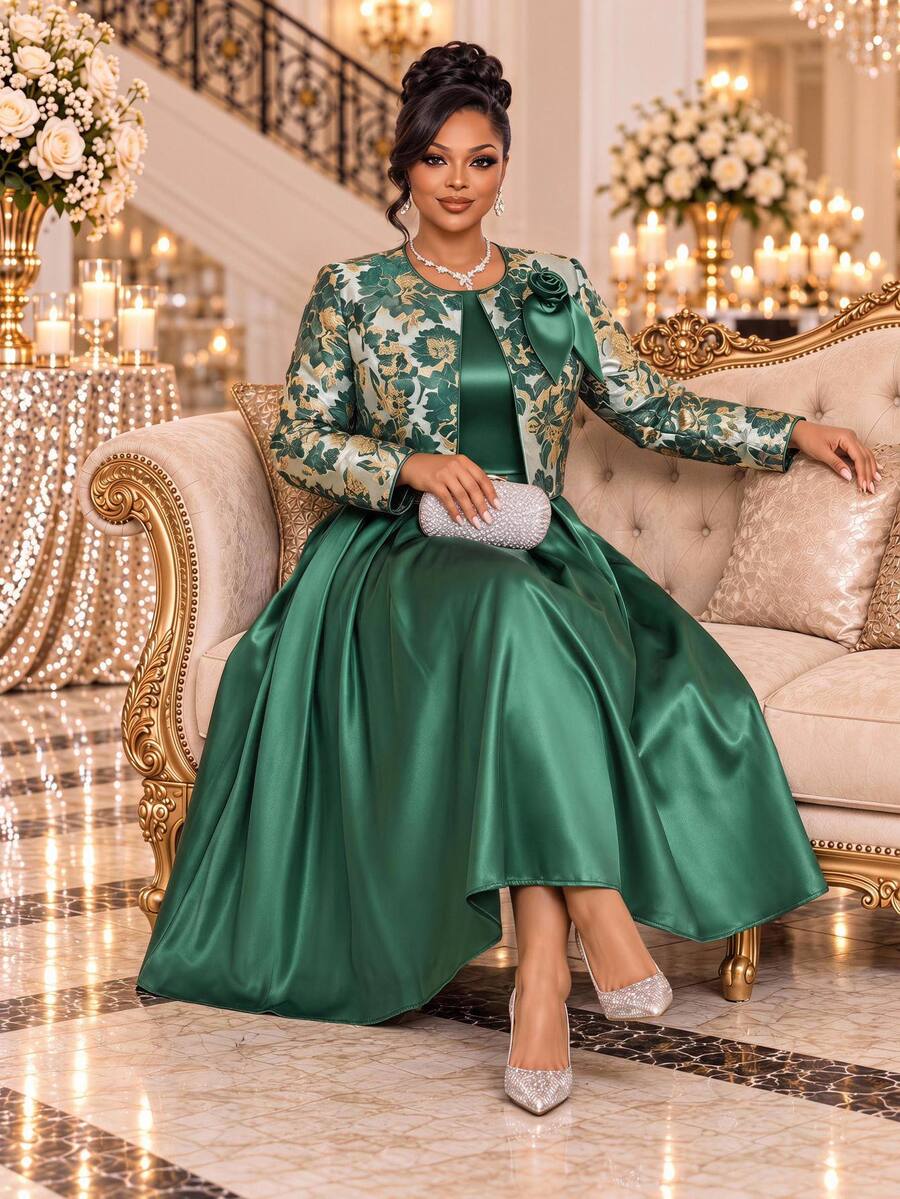 Fleurora Plus Size Women's Solid Color Pleated Dress And Cardigan Casual 2 Pieces Set - Green - View 1