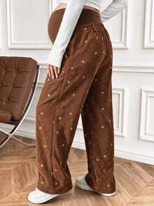 Boho Mama Elegant Embroidered Pocket Loose Pants For Pregnant Women - Coffee Brown - View 2