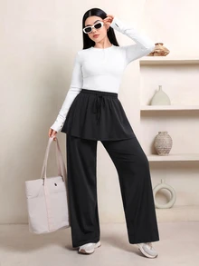 Veilorie Women's Solid Color Casual Versatile Daily Travel Sports Long Pants - Black - View 5