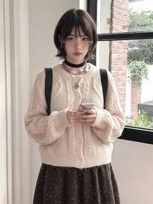 DAZY Women's Round Neck Solid Color Long Sleeve Korean Style Autumn/Winter Cardigan - Pink - View 1