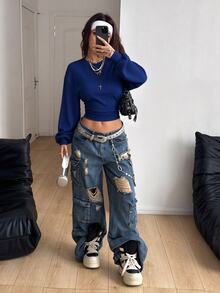 Coolane 女款秋冬返校基本款純色百褶不對稱領長袖套頭黑色運動衫 - 寶藍色 - 查看 5