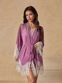 HautHeat Women's Contrast Lace Cuff Robe And Camisole Nightgown Elegant Sleepwear Set - Dusty Purple - View 4