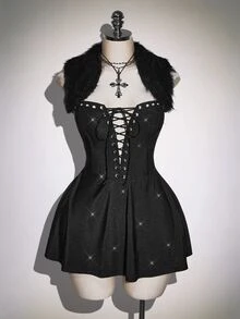 SHEIN ICON Plus Size Y2K Fur Collar Square Neck Backless Square Neck Deep V Cross Tie Mini Dress, Sexy Christmas Party Snow Dress - Black - View 11