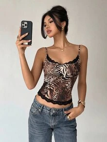 Aloruh 女款優雅性感 Y2K 蕾絲拼接豹紋細肩帶背心，萬聖節內搭背心，百搭秋冬內搭背心 - 棕色 - 查看 6