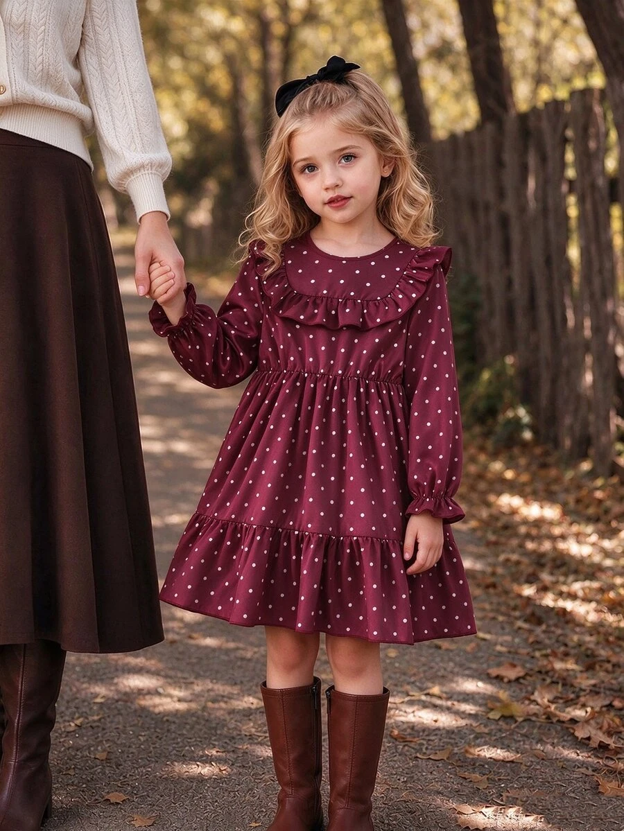 SHEIN Girlss Ditsy Floral Ruffle Collar Long Sleeve Dress Covered In Tiny Ditsy Floral Double-Layered 3D Ruffle Collar Elasticized Lettuce Hem Cuffs Suitabl - Burgundy - View 1