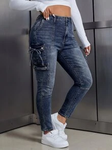 SHEIN ICON 大尺碼女款口袋鈕扣打結休閒百搭日常牛仔褲 - 藍色 - 查看 3