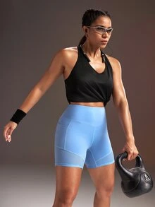Powerista Women's High Waist Butt Lifting Pocket Sports Shorts - Baby Blue - View 6