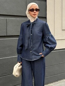 DAZY Women's Tie Neck Long Sleeve Shirt And Long Pants Casual Denim Set - Blue - View 1